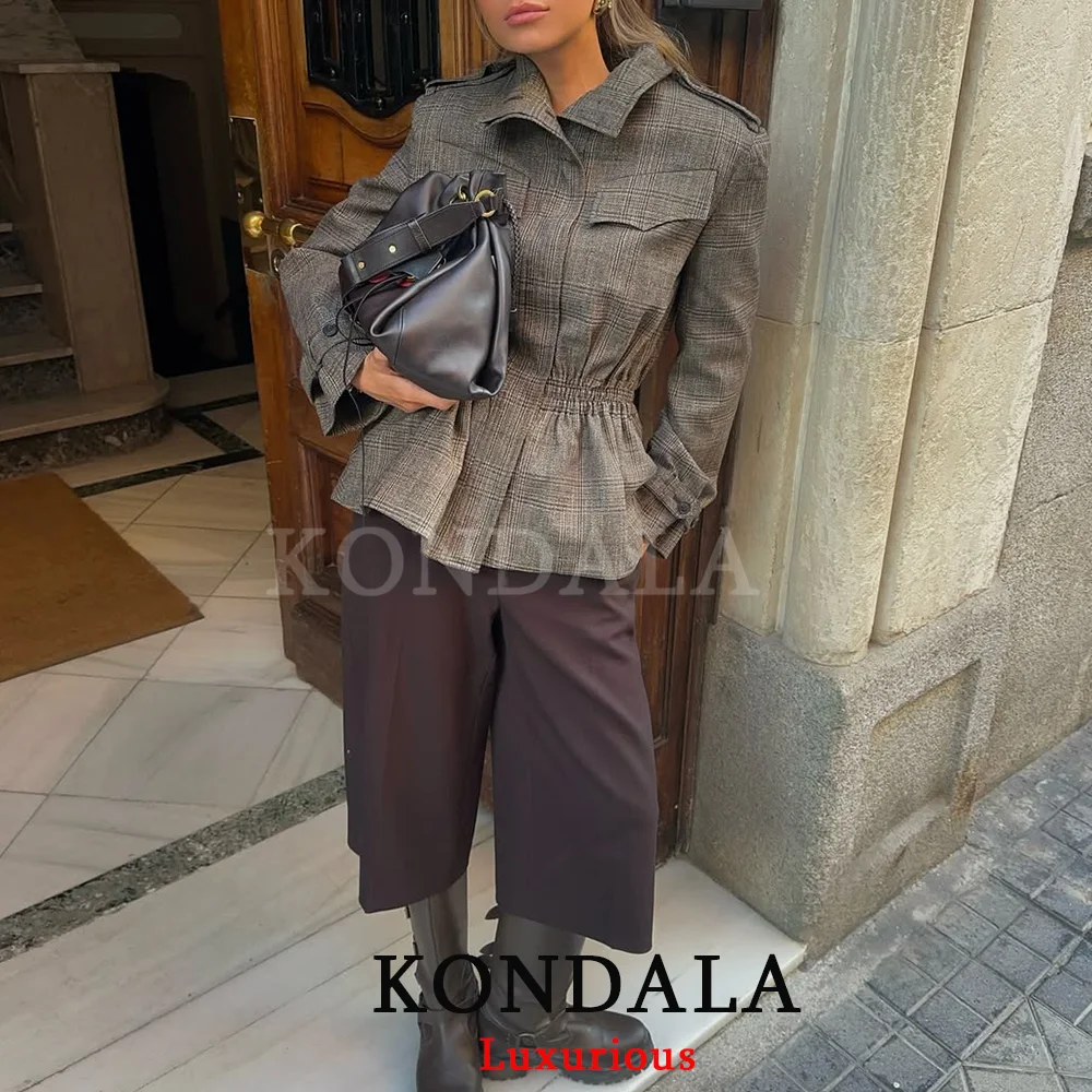 

KONDALA повседневный шикарный клетчатый пиджак с длинными рукавами и карманами на пуговицах, эластичные куртки, женская мода, осень-зима 2025 г., офисная женская верхняя одежда