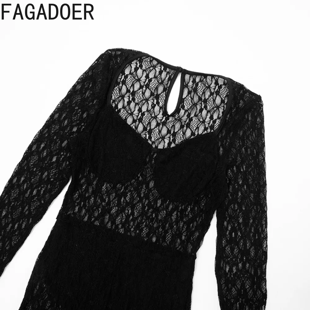 بدلة قفز مثيرة شبكية شفافة من FAGADOER للنساء بلون سادة وأكمام طويلة ملابس خروج نسائية جديدة 2025