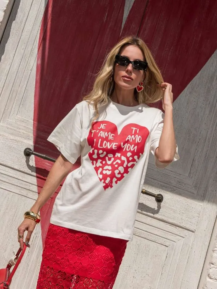 

Vintage Red Heart Print Loose ort Sve T-irt Women's Summer Faion Street Sle Cotton round Ne Oversize Tee