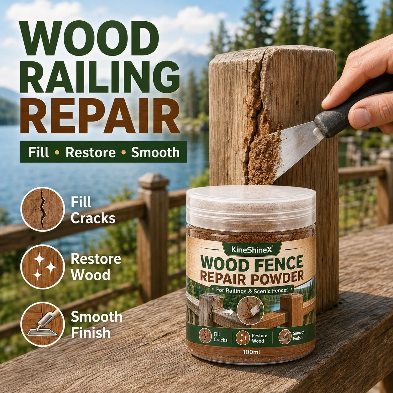 Wood Fence Repair Powder, Wood Crack Filler for Railings, Fences, Decks & Gates,Outdoor Wood Repair for Cracks and Smooth Finish