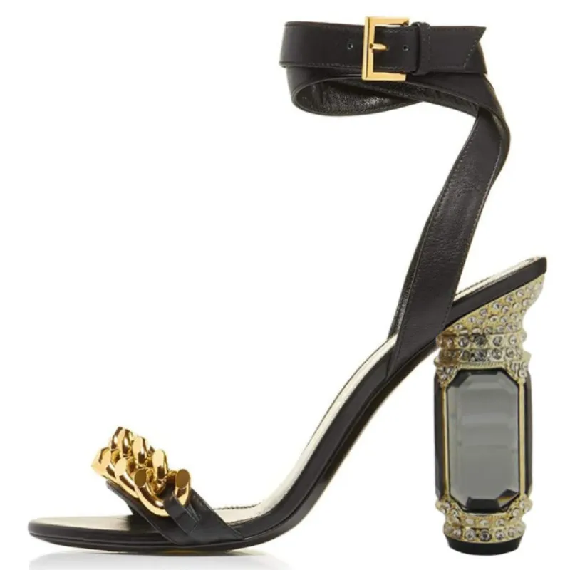 DIZHUANG Sexy women's high-heeled sandals. Customized shoes. Black leather sandals. Crystal heel sandals. Summer women's shoes.