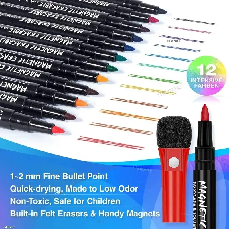 12 Colors Band Magnetic Whiteboard Marker Children's Erasable Water-Based Marking Pen Eraser Student Drawing Pen Stationer