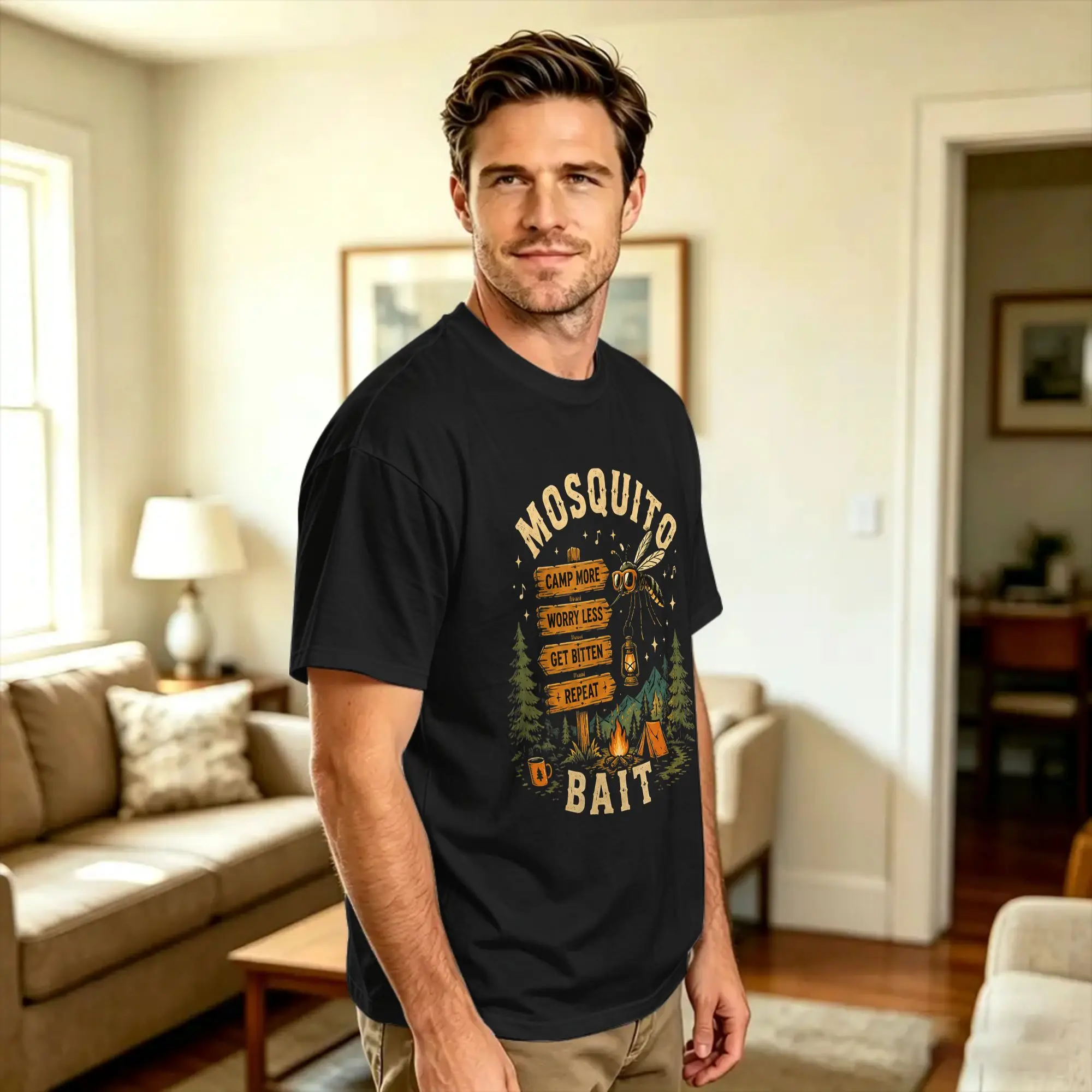 Camping Mosquito Bait Campfire for Retro Squad Camper Summer Cotton T Shirt For Men Summer  Y2K Retro T Shirts Novelty Tees