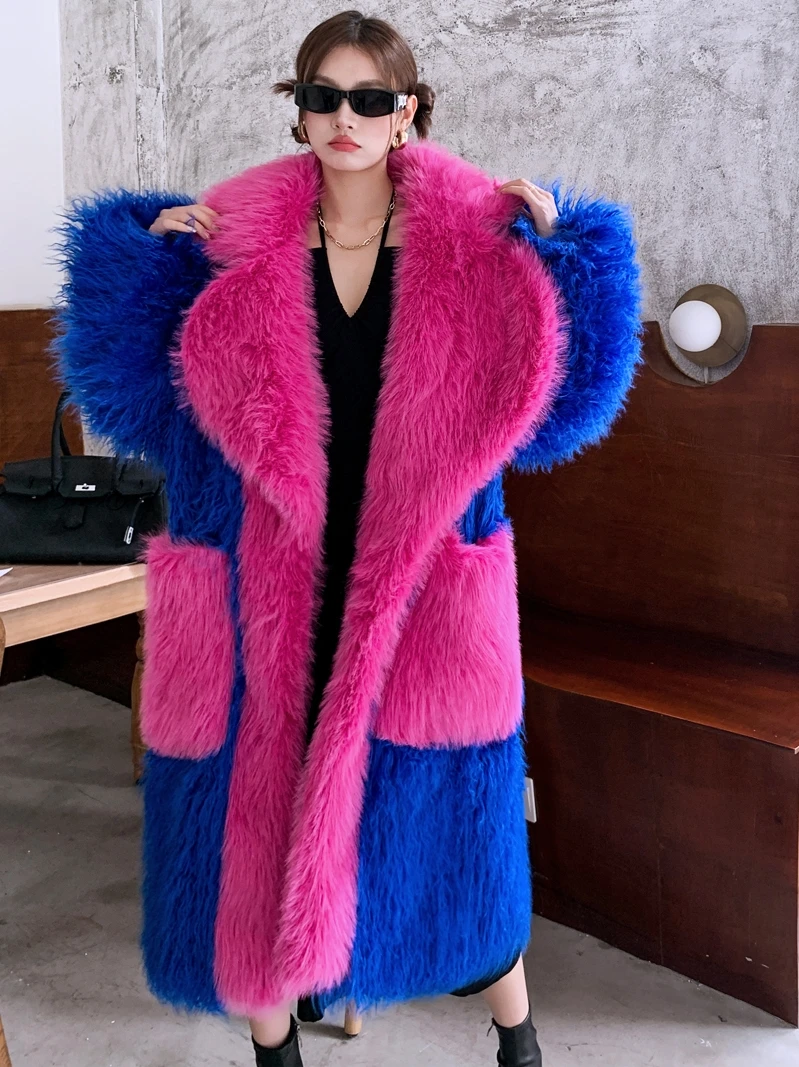 Original Design Royal Blue and Rose Red Faux Fur Coat Female Eco-friendly Long Jacket Lady Shaggy Outerwear Women\'s Winter Coats