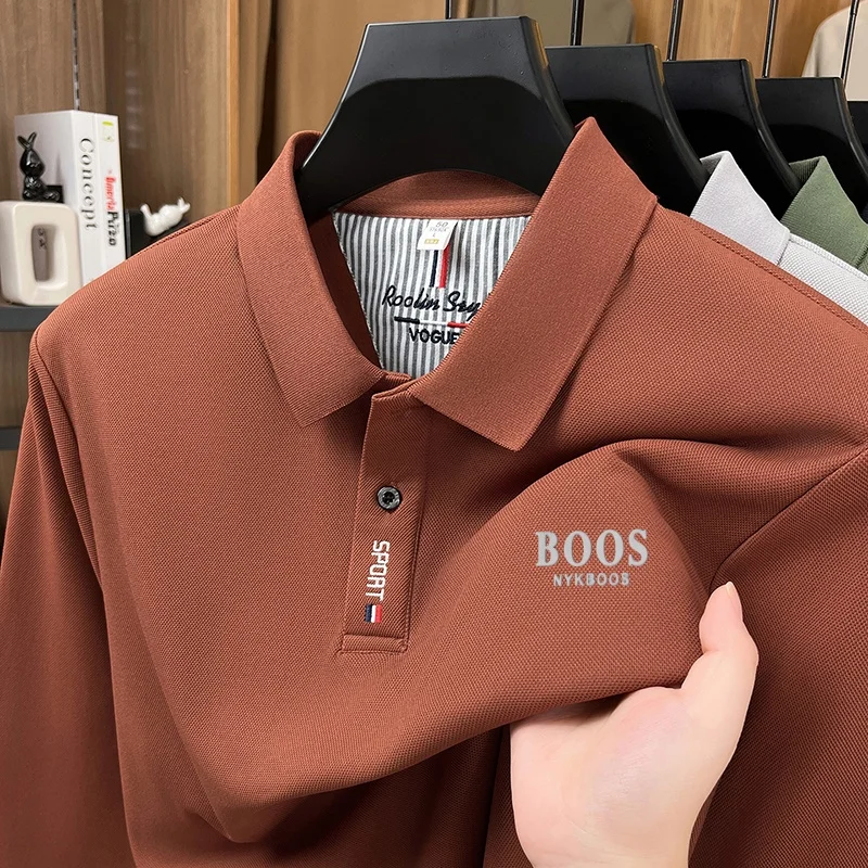 Herren Frühling Herbst Neue Mode Revers-Print Polo-Shirt Original Einfarbiges Langarm-T-Shirt Täglicher Komfort Büro Herrenbekleidung – Detail 6