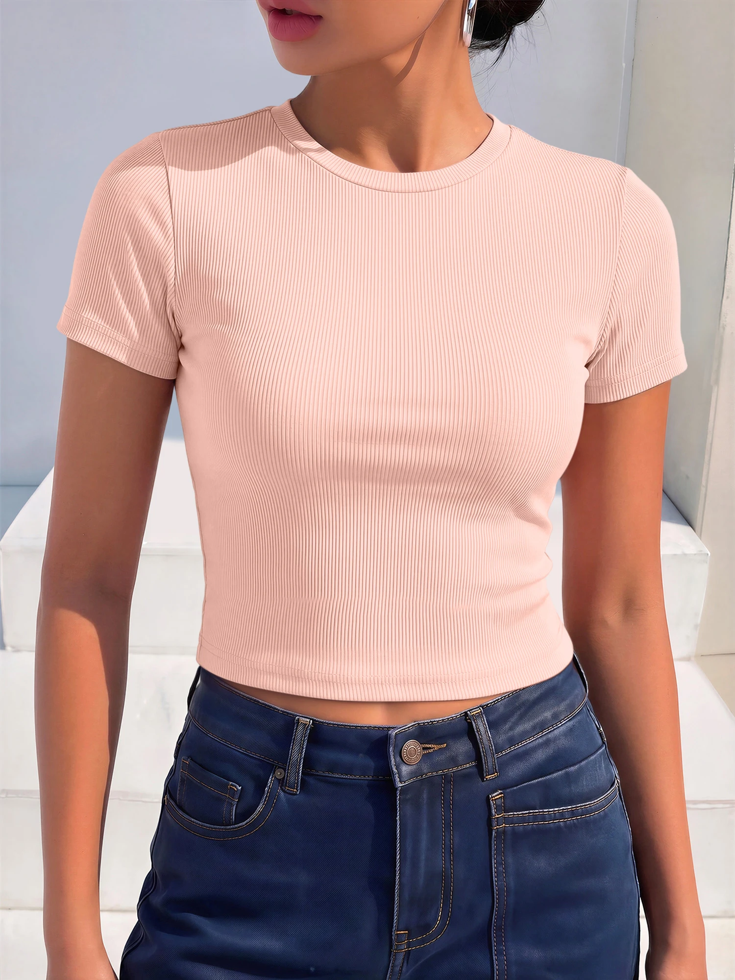 Mobility‑Friendly Ribbed Athletic Cropped Blouse, Form‑Retaining Short‑Sleeve Crew Neck Top for Dance Workout & Calisthenics