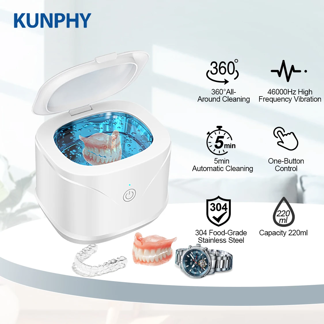 

Ультразвуковой очиститель, 220 мл, 46000 Гц, портативный очиститель ювелирных изделий для стоматологического фиксатора, каппа, очиститель колец для часов, ванна