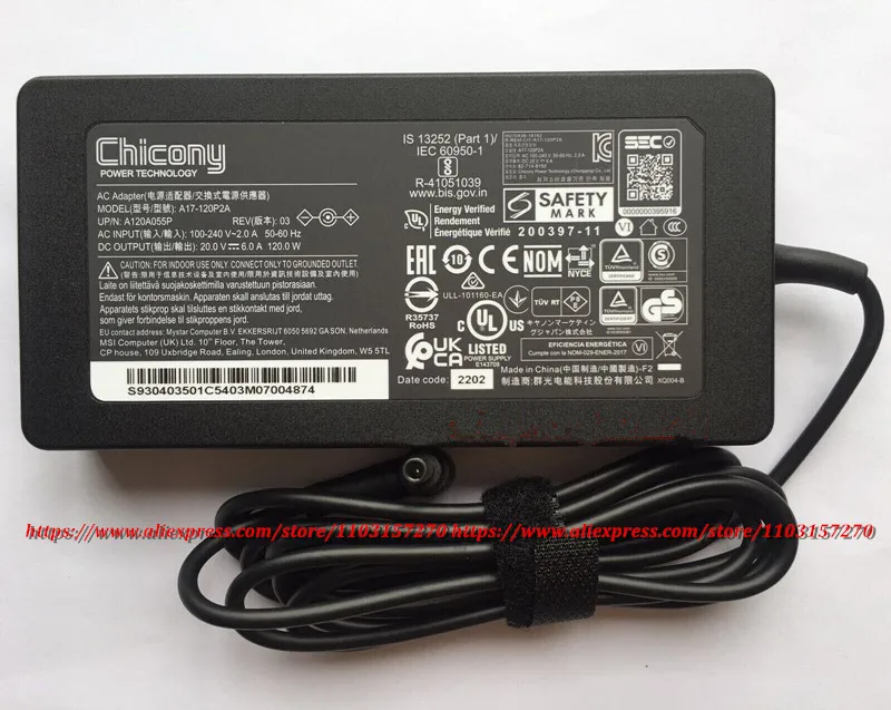 Nuovo Chicony 20V 6A 120W A17-120P2A Adattatore CA A12A055P Caricatore per laptop per MSI Cyborg 15 A12VF-021SG A12VE-024NEU Alimentatore