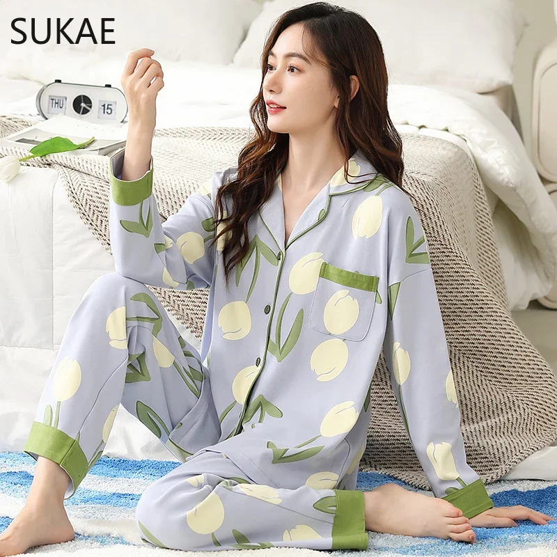 SUKAE Spring New M-3XL Fashion Womans Pajamas Set Long Sleeves Turn-down Collar Pijama Cardigan Nightwear Leisure Girl Sleepwear