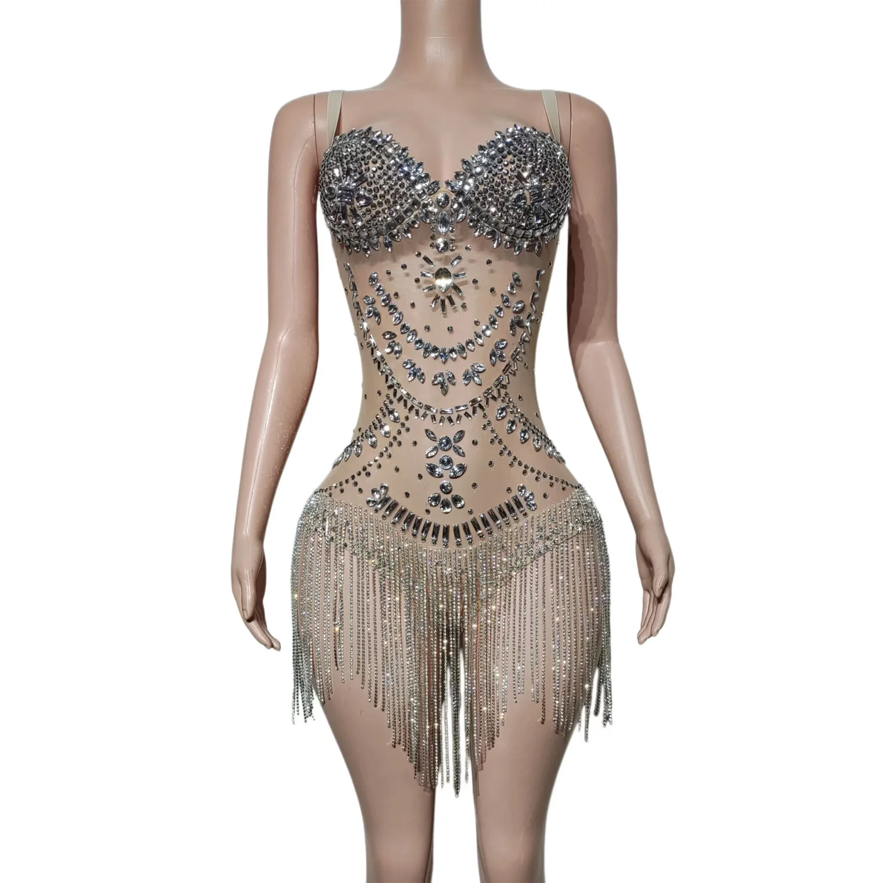 Yushilian Nude Mesh Strap Silver Rhinestone Fringe Mini Bodysuit Sweetheart Bust Sunburst Crystal Tassel Latin Dance Outfit