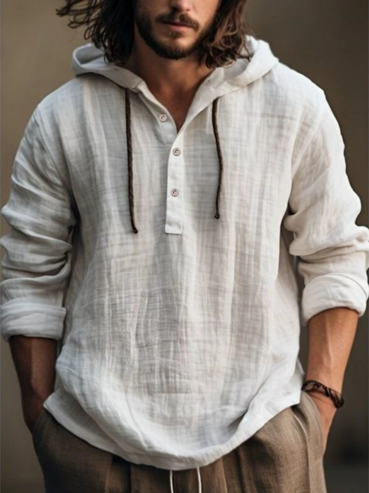 Men's Summer Cotton Linen Hoodie Solid Color Loose Fit Breathable Casual Pullover Tops Lightweight Japanese Style Outerwear