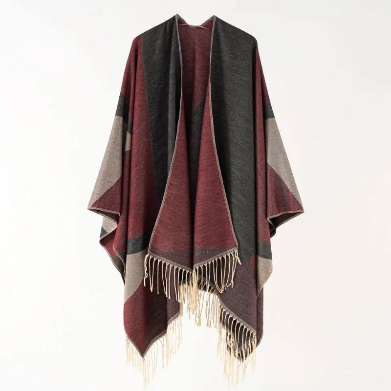 Women European American Geometric Color Block Tassel Poncho Open Front Cape Wrap Shawl Retro Stylish Blanket Shawl