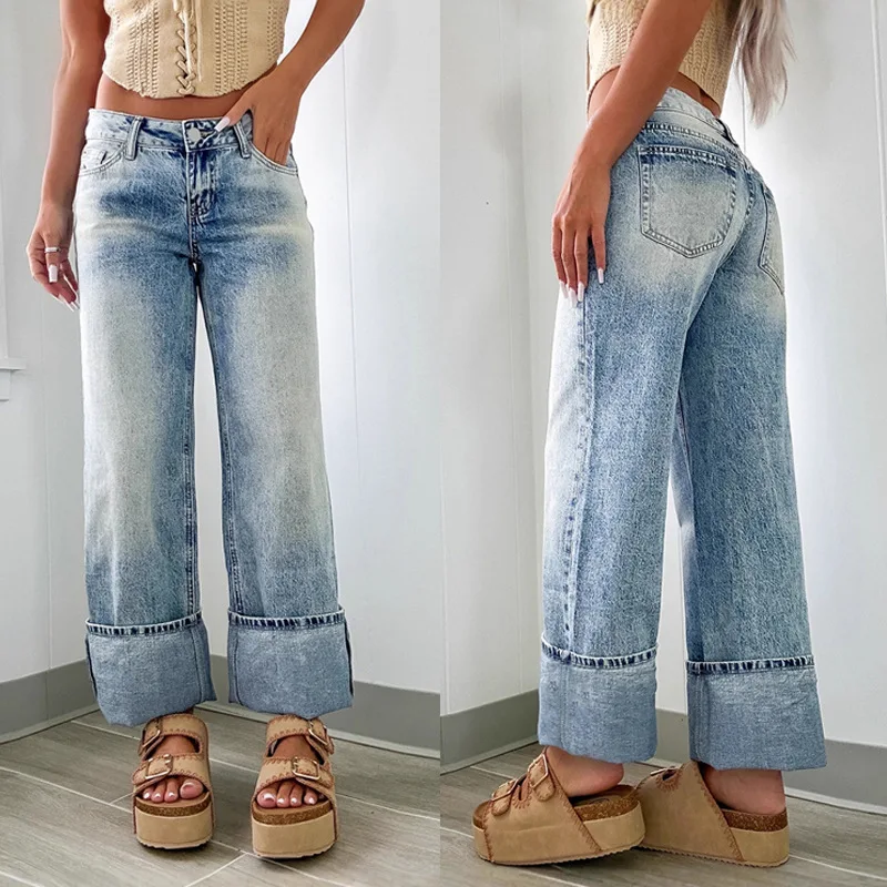 

Denim Jeans Women Solid Jean Zipper Fly Button Pocket Empire Waist Full Length Straight Pants Loose Fit Streetwear 2025 Autumn