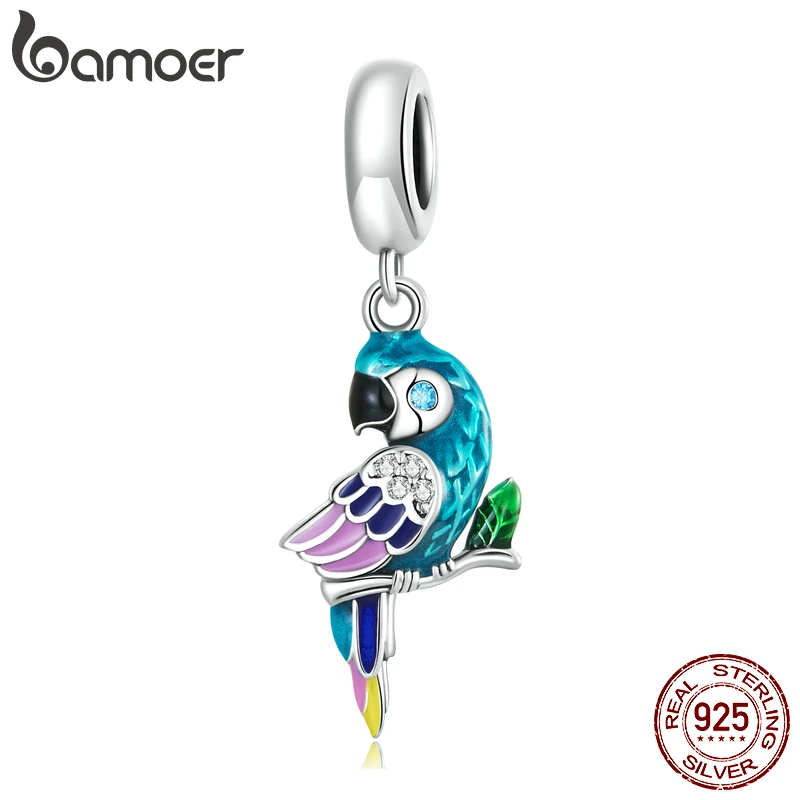 Bamoer 925 Sterling Silver Vivid Bright Parrot Pendant fit for Charms Bracelet & Bangle Dainty Bird Charms Women Fine Jewelry