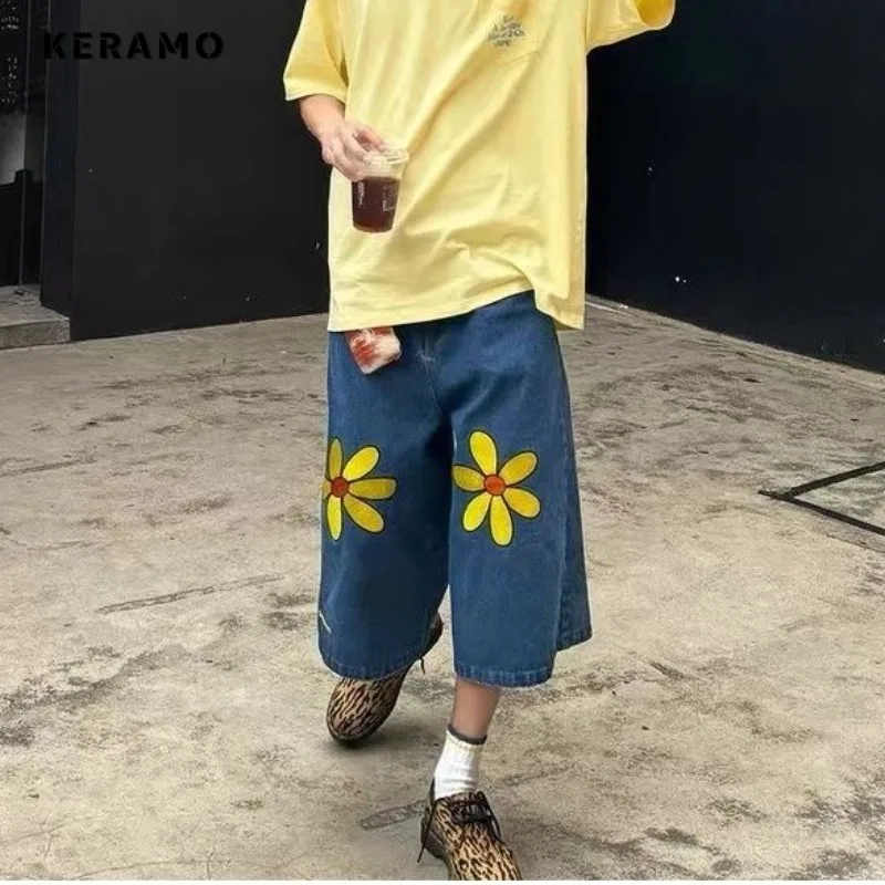 Korean Y2K Wide Leg Baggy 2000s Denim Shorts Women's Vintage Casual Calf-Length Pant Female High Street Retro Loose Trashy Jeans