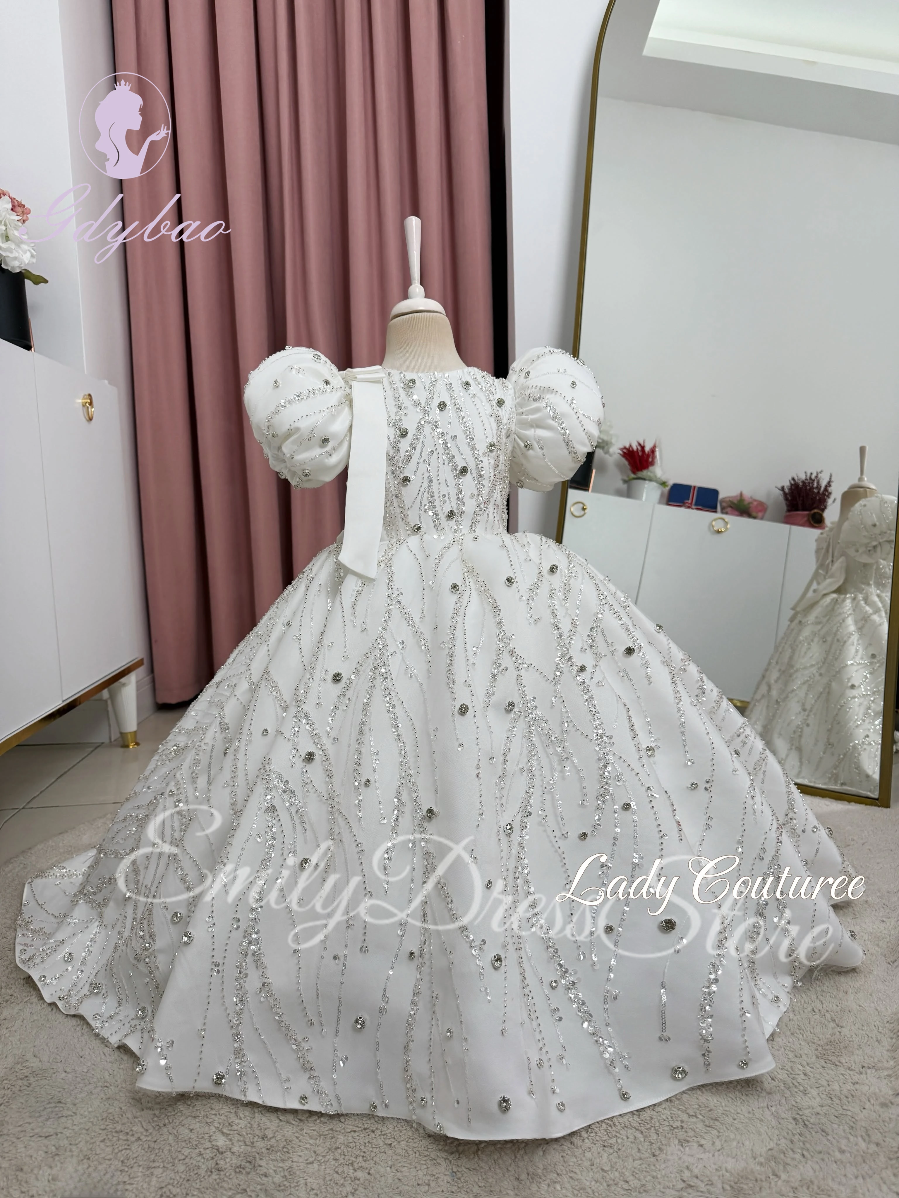 Customized Sequins Flower Girl Dress For Wedding Elegant Puffy Applique Kids Elegant Birthday First Communion Ball Gown