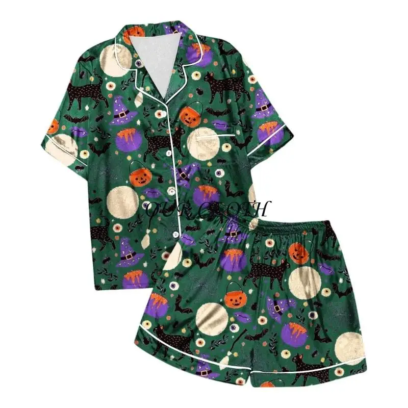 Women's Halloween Pajama Pumpkin Print Milk Silk Brushed Button down Lounge Sleepwear Y1AC