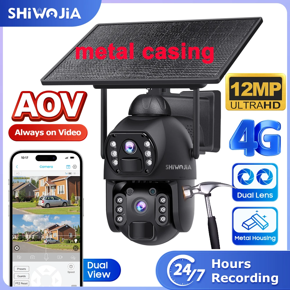 SHIWOJIA 12MP Dual Lens Security Solar Camera 4G LTE  AOV 24-Hour Video Recording Outdoors Camera 2100mAh Battery metal Casing