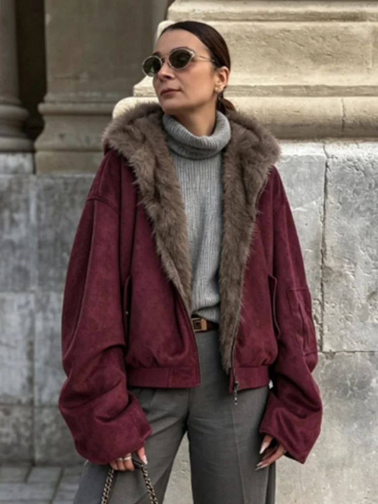 Fashion Faux Fur Trim Lined Zip Up Lantern Sleeve Side Pockets Oversize Cropped Bomber Coat 2026 Autumn Winter Street Daily Wear