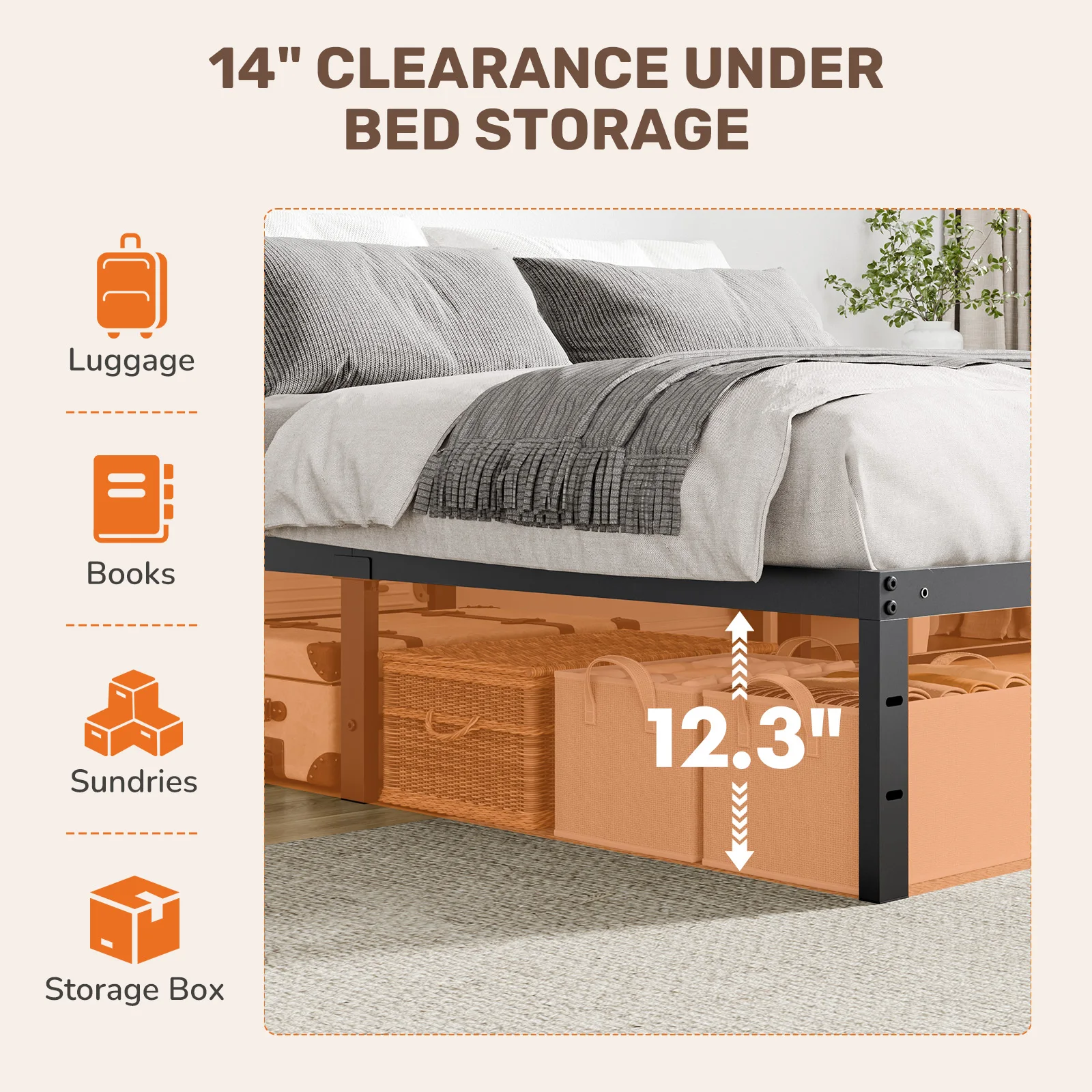 JHK Basic 14IN Twin Full Queen King Size Bed Frame Metal Platform Bedroom Frames with Storage Space Sturdy Steel Slat Support - view 3