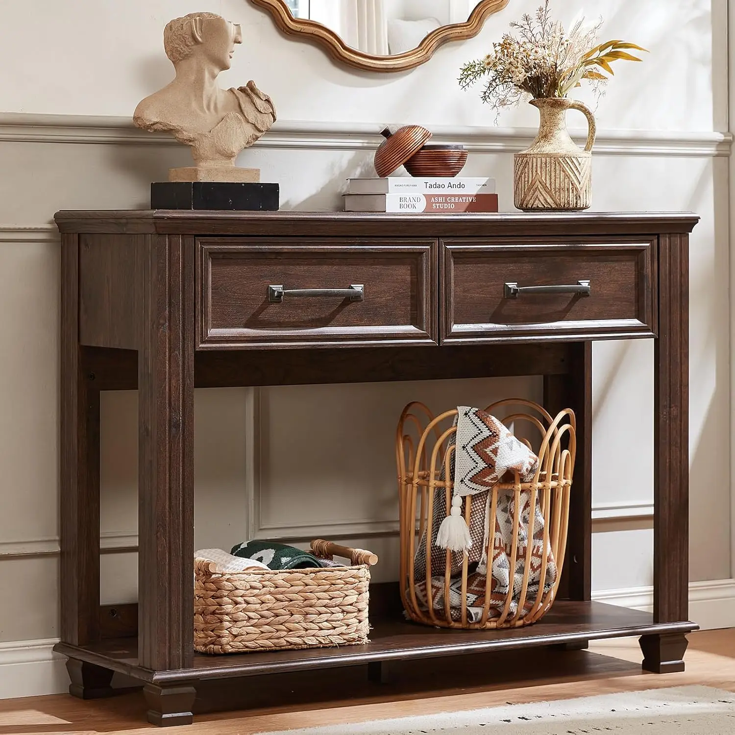 

Консольный столик Farmhouse 46 дюймов с 2 ящиками, 2-уровневый стол в прихожей из дерева в деревенском стиле с открытой полкой для хранения вещей для входа, большой Mid-Centu