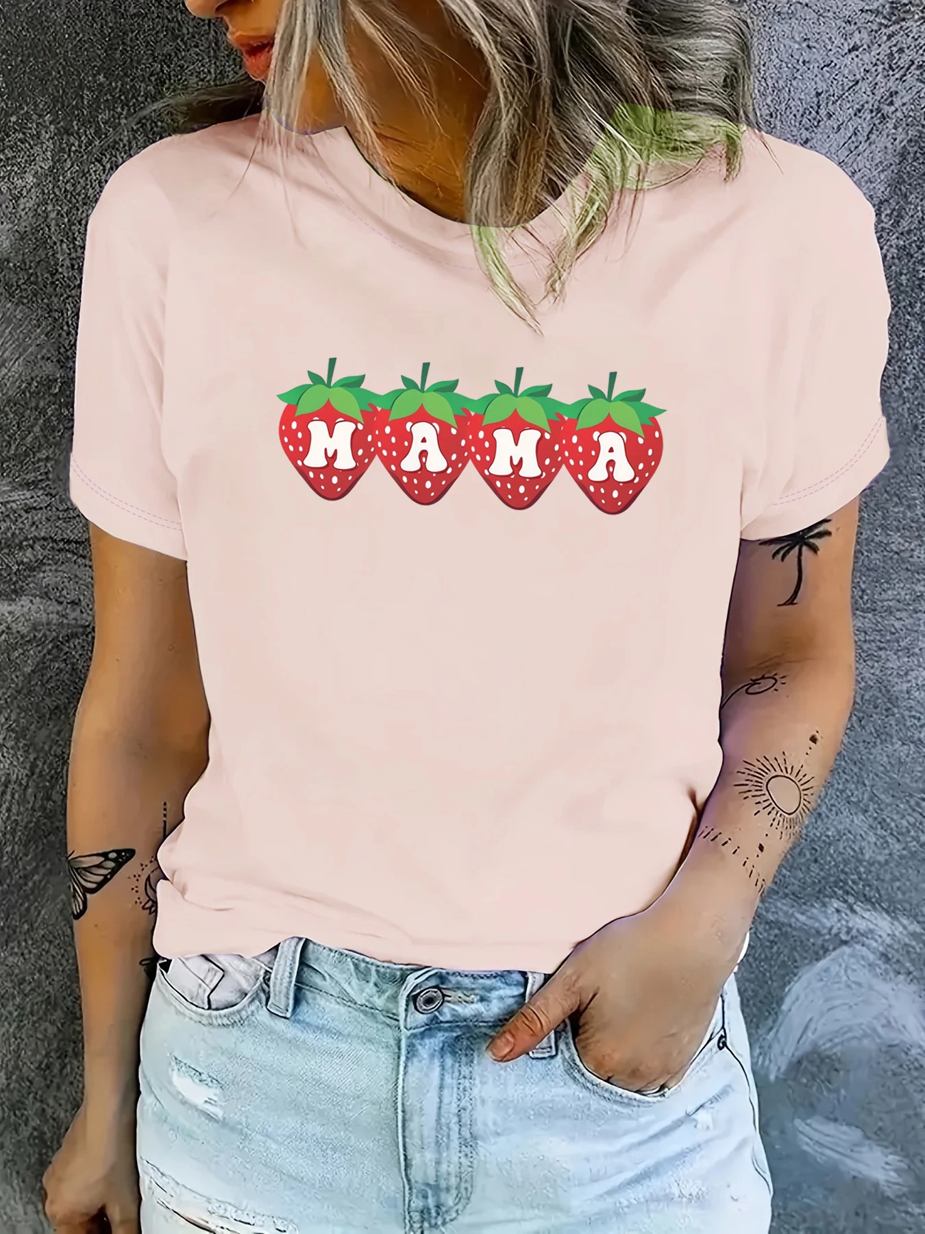 strawberry  print t-shirt, short sleeve crew neck casual top for summer & spring, women's clothing