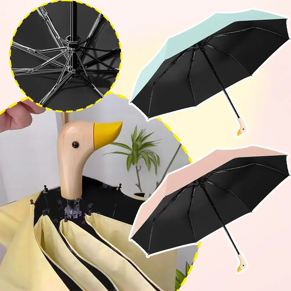 Umbrella With Cute Duck Head Wood Handle 8 Bones Thickening Rain UV Protection Coating Automatic Parasol Unisex Umbrellas B Y5G5