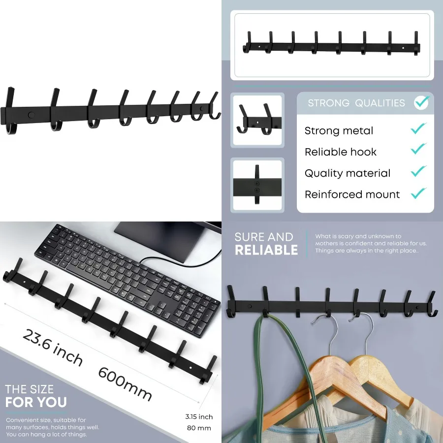 

Matte Black Coat Rack Wall Mount 24 Inch Stainless Steel Hook Rail with 8 Double Coat Hooks Wall Mounted Entryway Organizer for