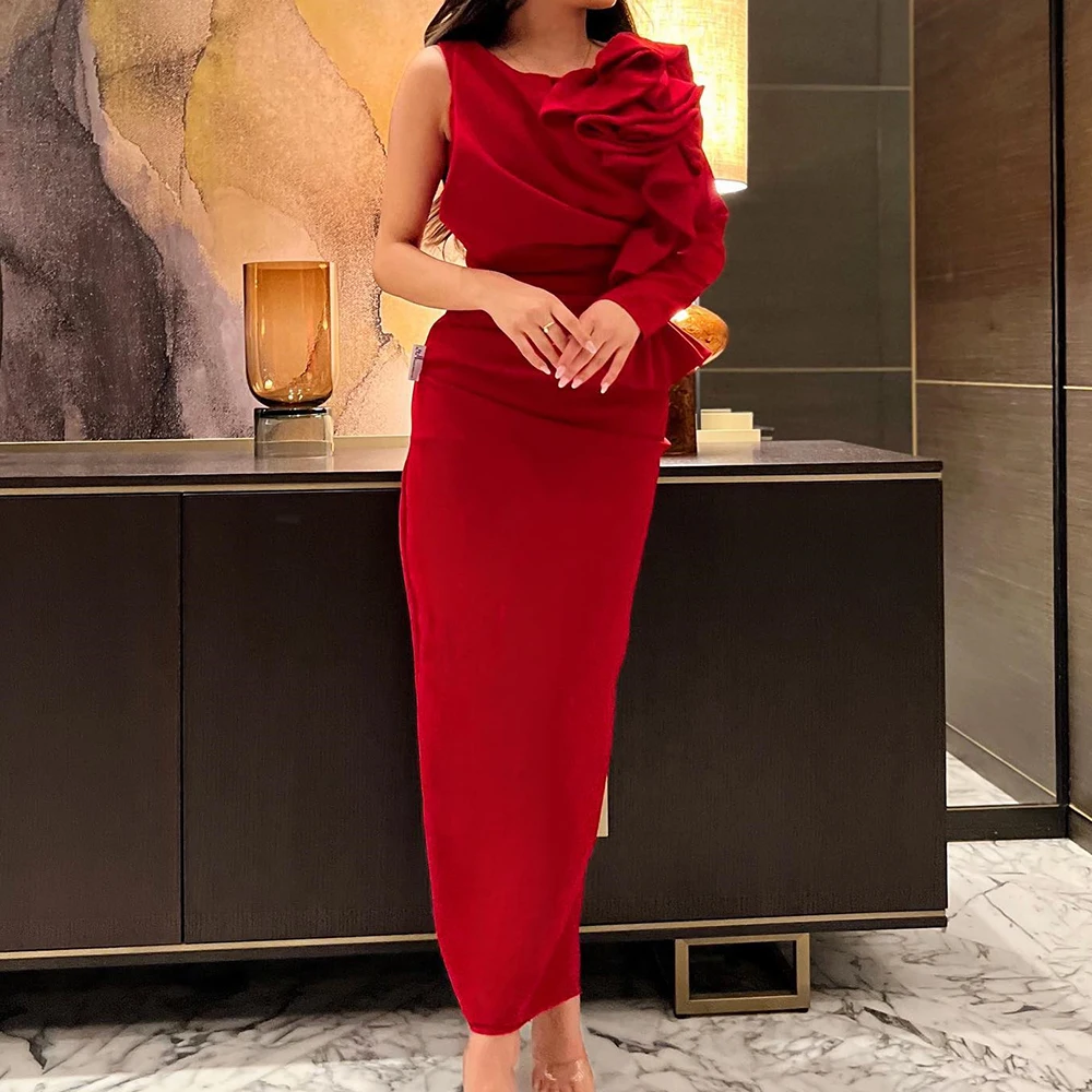 

Customized Jersey Straight One Shoulder Ruffles Evening Dress O-neck Side Slit Floor Length Long Sleeves Red Vestidos de fiesta