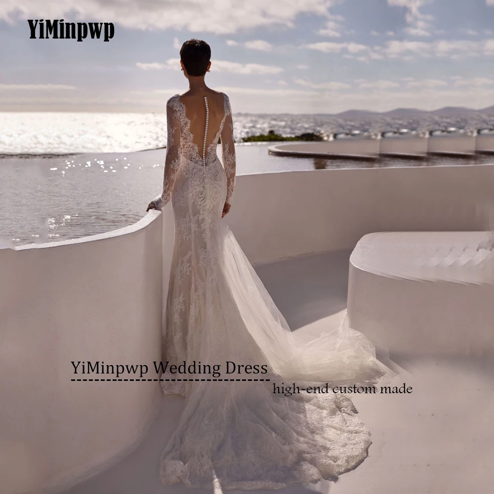 아플리케 비치 웨딩 드레스 풀 슬리브 일루젼 백 머메이드 레이스 신부 가운 보헤미안 스타일 맞춤 제작 웨딩 드레스