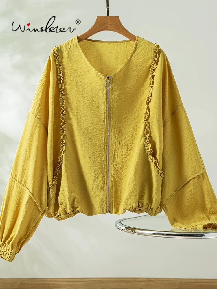 Winsleter-76%Dry Silk 24%Nylon Elegant Coat, O Neck Long Sleeve, Women Korean Commute Ruffles Jacket, 2026 Autumn New C69638CC