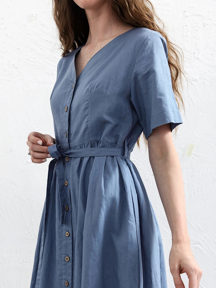 

Cotton Linen Women's Dress Short Sleeve V-Neck A-Line Midi Skirt Blue Knot Waist Design French Style Single Piece Summer New