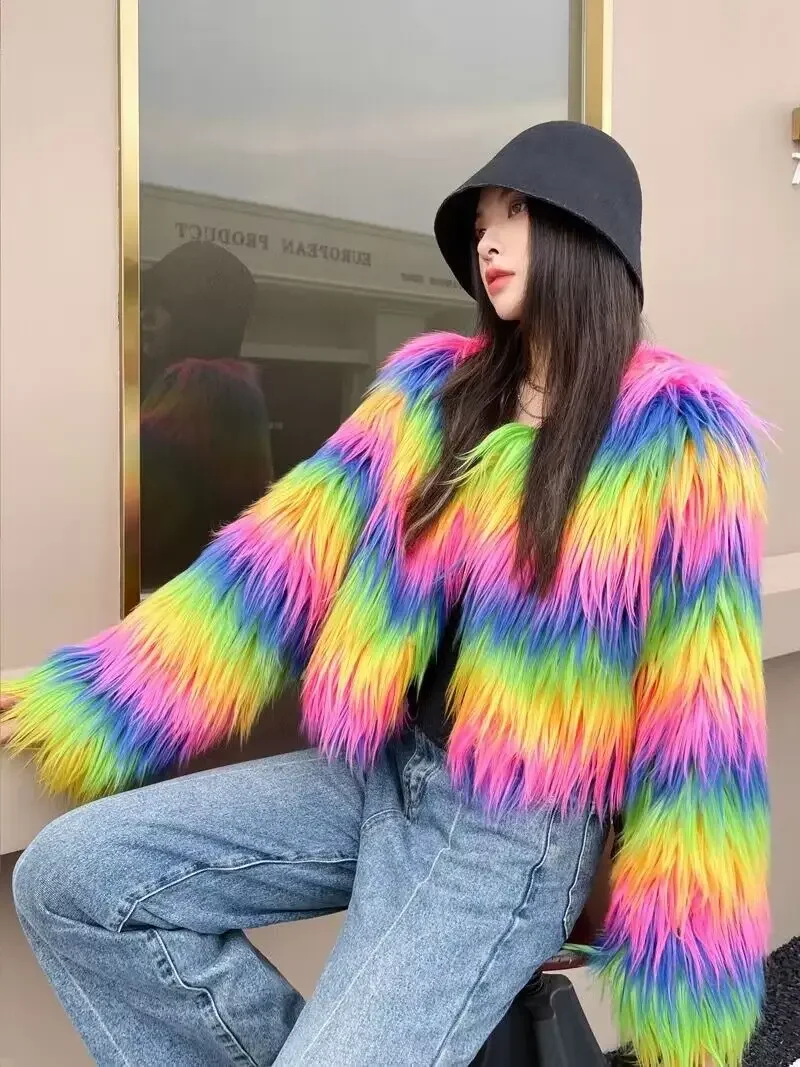 Fashion Colorful Rainbow Hairy Faux Fur Coat Women Crop Top 2023 Autumn Winter Fluffy Cropped Jacket Festival Clothing