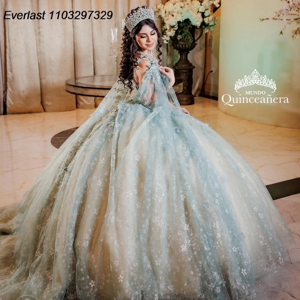 EVLAST-Brilhante Champagne Mint Quinceanera Vestido, Vestido de baile, Applique Beading Cape, Espartilho Mexicano, Doce 16, QD1019