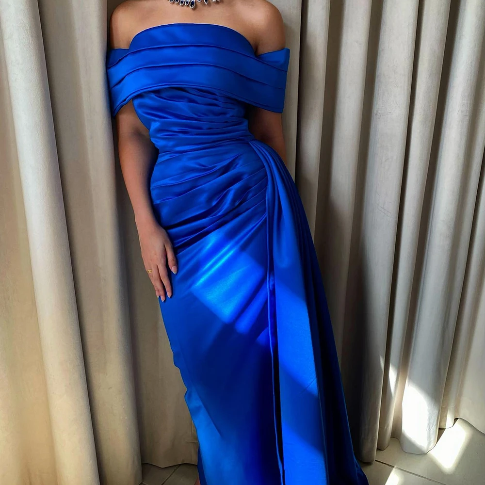 

Customized Satin Straight Off the Shoulder Evening Dress Strapless Half Sleeves Floor Length Panel Train Solid Color Elegant