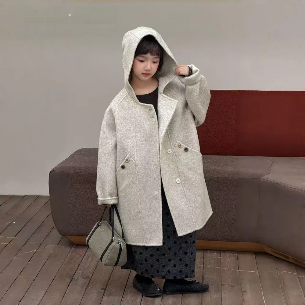 Korean Style New Autumn Winter Kids Double Sided Wool Coat Mid-Length Thick Overcoat for Boys Girls Middle Big Kids 120-170CM