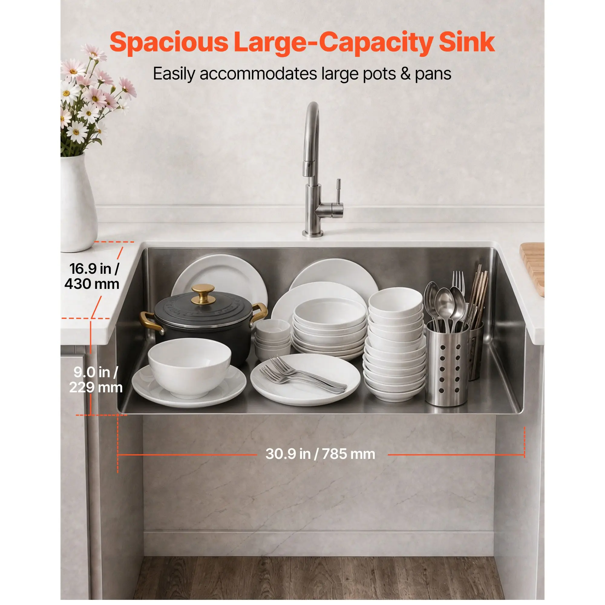 33-inch Kitchen Undermount Single Bowl Sinks, Stainless Steel Drop-In Farmhouse Basin with Ledge & Accessories, Household Dishwasher Sinks for RV, Prep Kitchen, Laundry Room, Bar