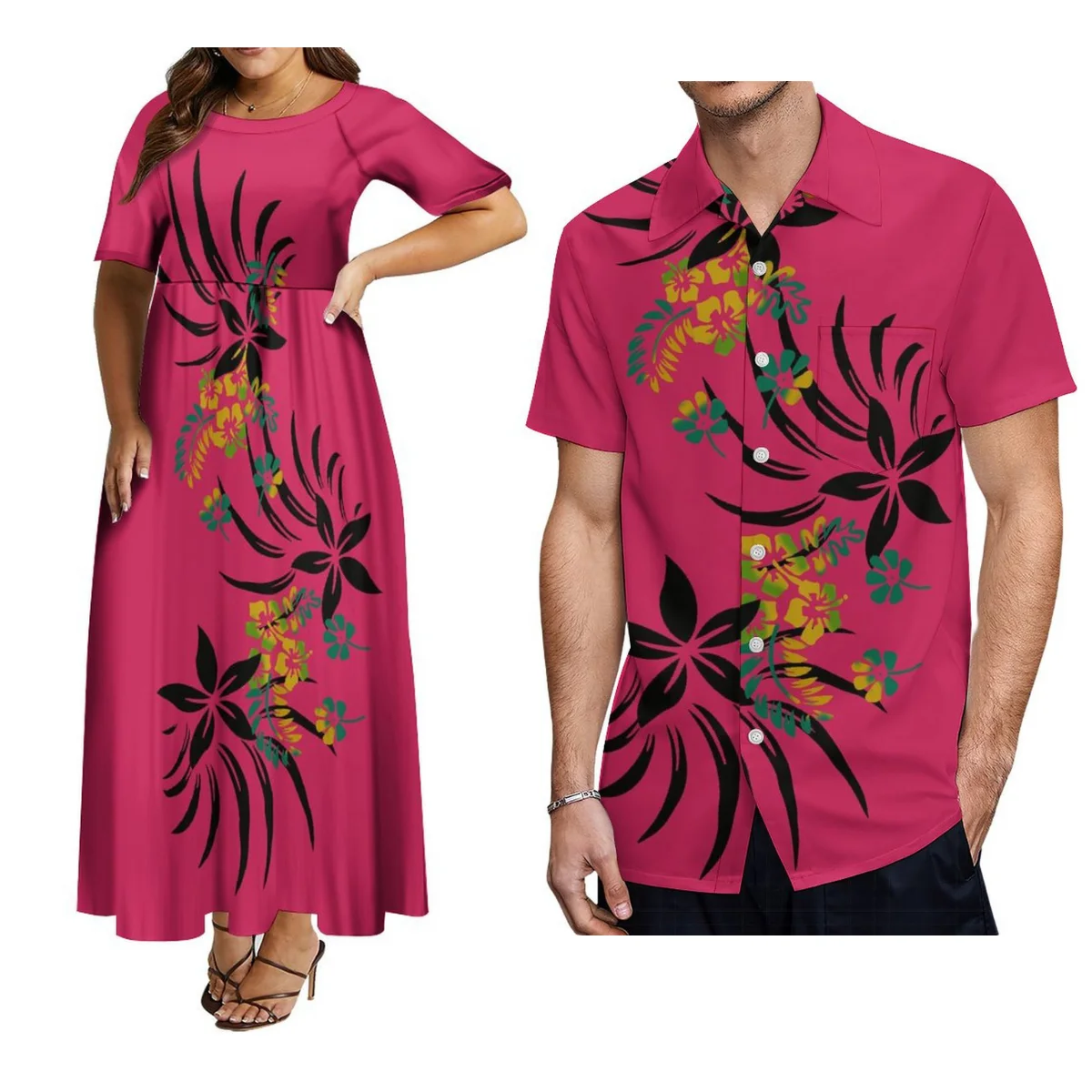 Hot Selling Women\'S Short-Sleeved Dress Polynesian Island Style Couple Suit Samoa Hawaiian Beach Party Aloha Shirt For Men