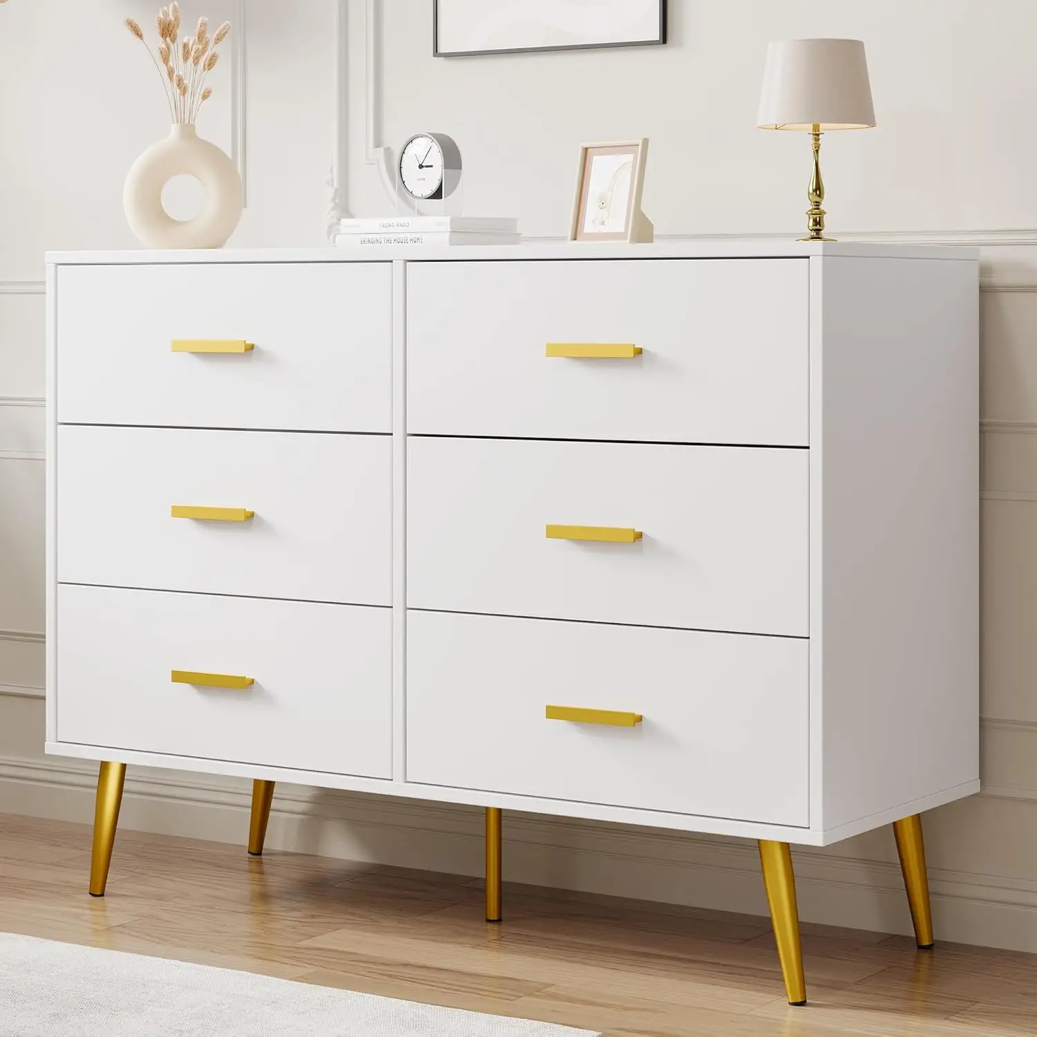 

GarveeHome Комод с 6 ящиками, современный деревянный комод с золотыми ручками и местом для хранения вещей, комод для спальни, прихожей, L