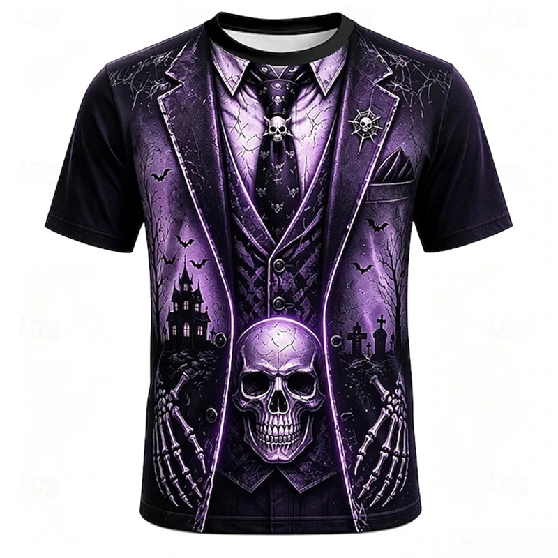 Men 3D Fake Suit Skull Skeleton Print T Shirt Optical Illusion Short Sleeve Tee Halloween Cosplay Costume Spooky Party Tops New