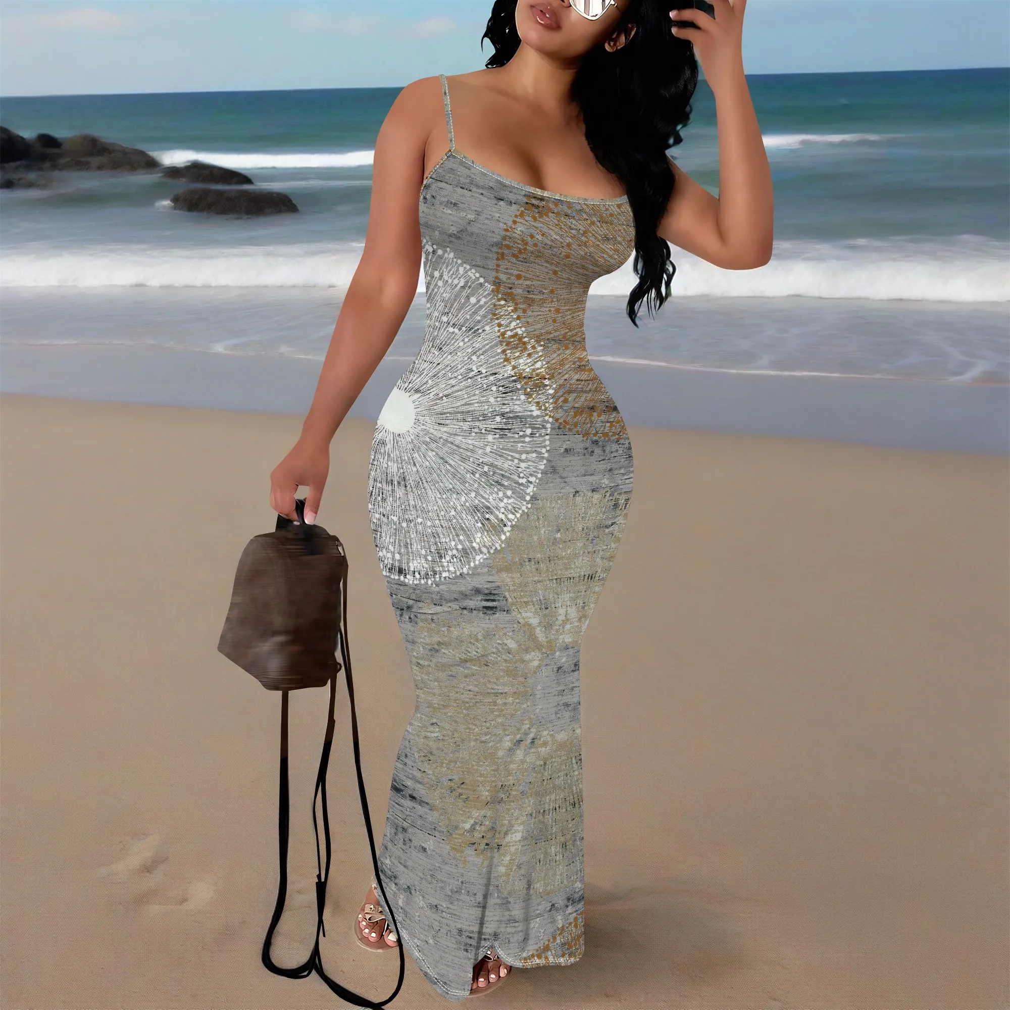 Sunburst Metallic Print Maxi Dress Sleeveless Slim Fit Spaghetti Strap Bodycon Long Dress Modern Vacation Look