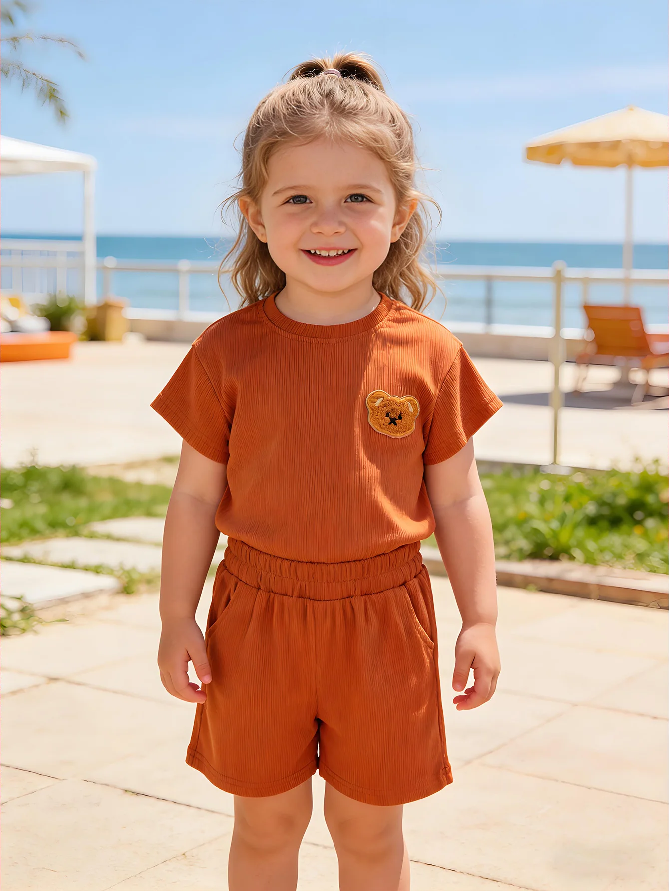 Girls' Summer Striped Set, Cute Bear Patch Short Sleeve T-Shirt & Shorts Two-Piece, 1-6 Years Baby Casual, Party or Gift