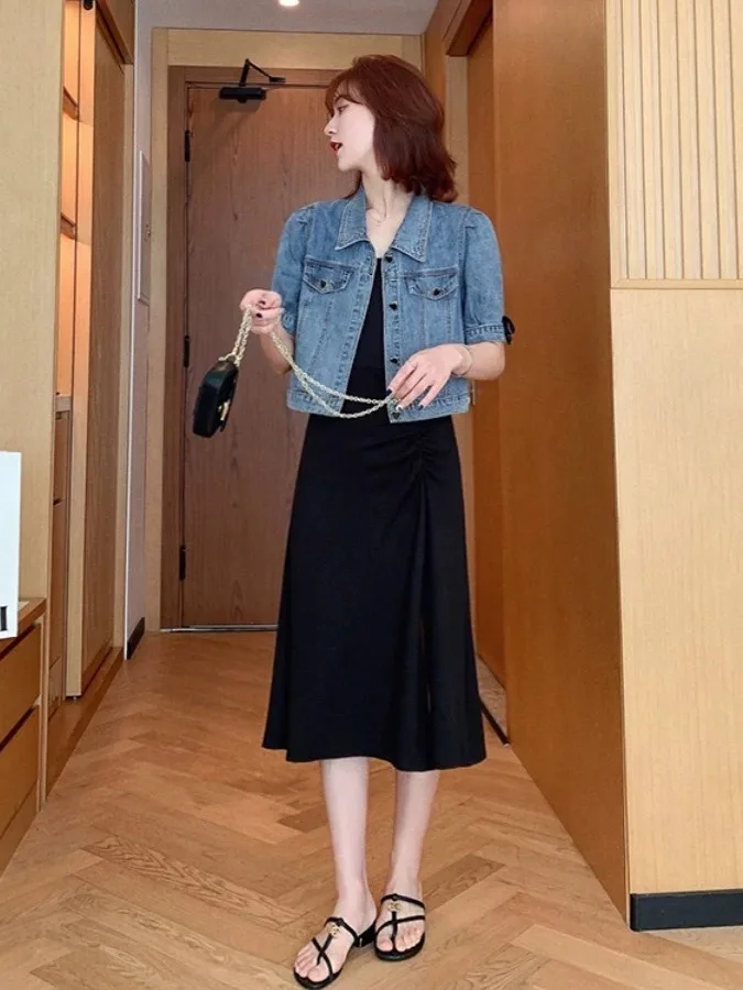 初秋韓国香港スレオルスヴェレディースジーンズジャエット薄手アウター万能バブルスヴェ襟