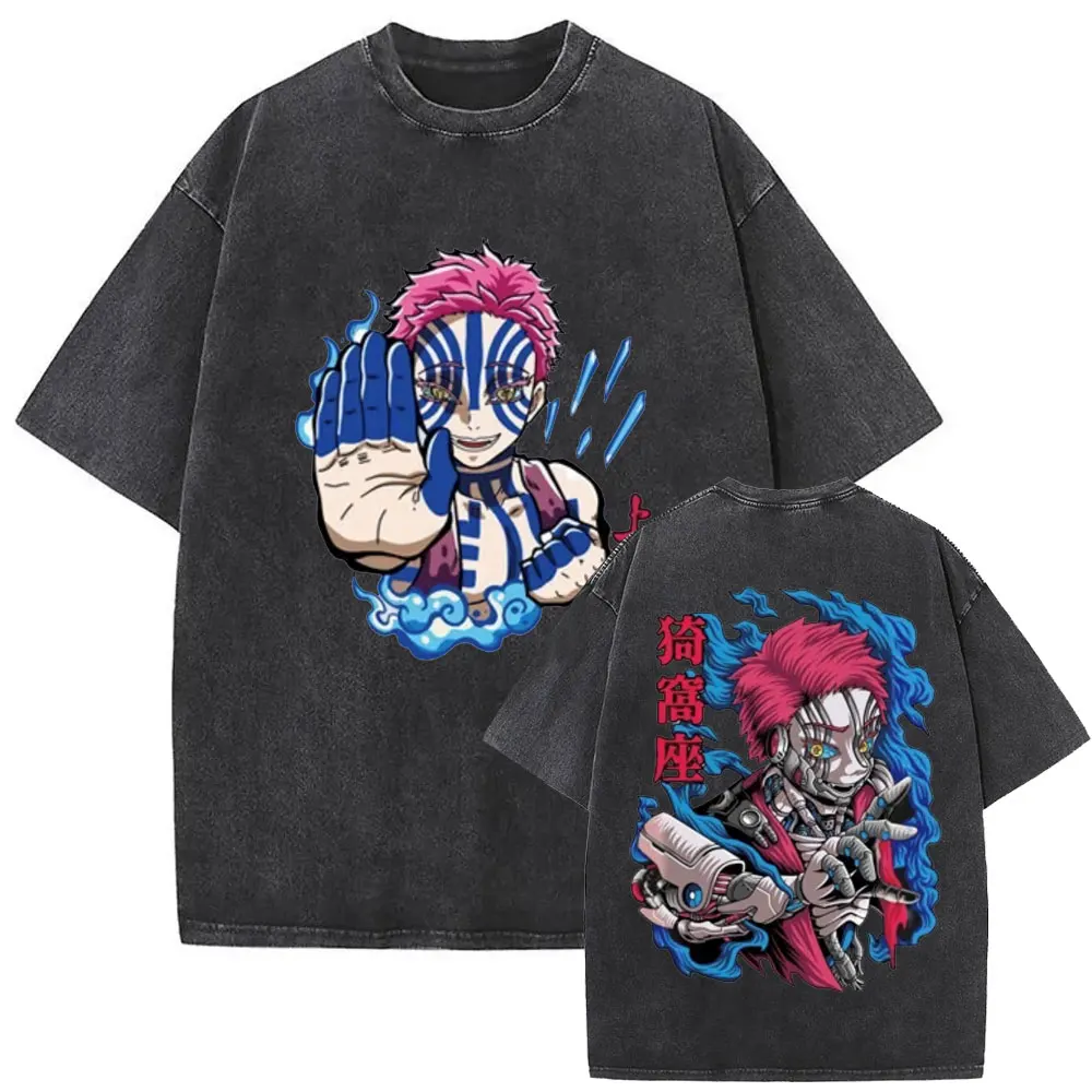 

Washed Vintage Anime Demon Slayer Akaza Double Sided Print T-shirts Men Women Clothing Cartoon Oversized Crewneck T Shirts Tops