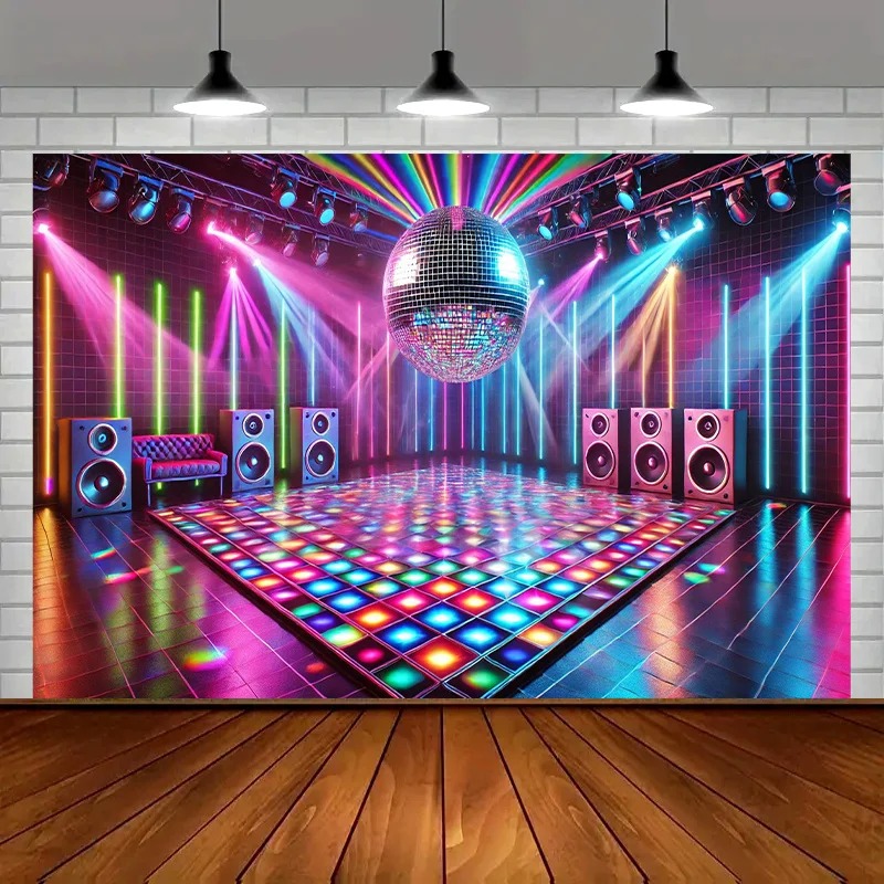 Disco Party Backdrop Neon Lights Dance Floor DJ Club Stage Background Tapestry Wall Hanging Decor for Birthday WeddingPhotoBooth