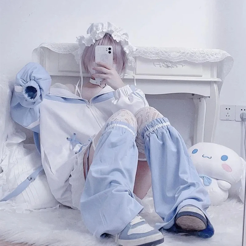 

Girls Stitch Woman Clothing Subculture Japanese Hoodie Blue White Autumn Woman Sweatshirts Zipper Winter y2k Clothes Hoodies