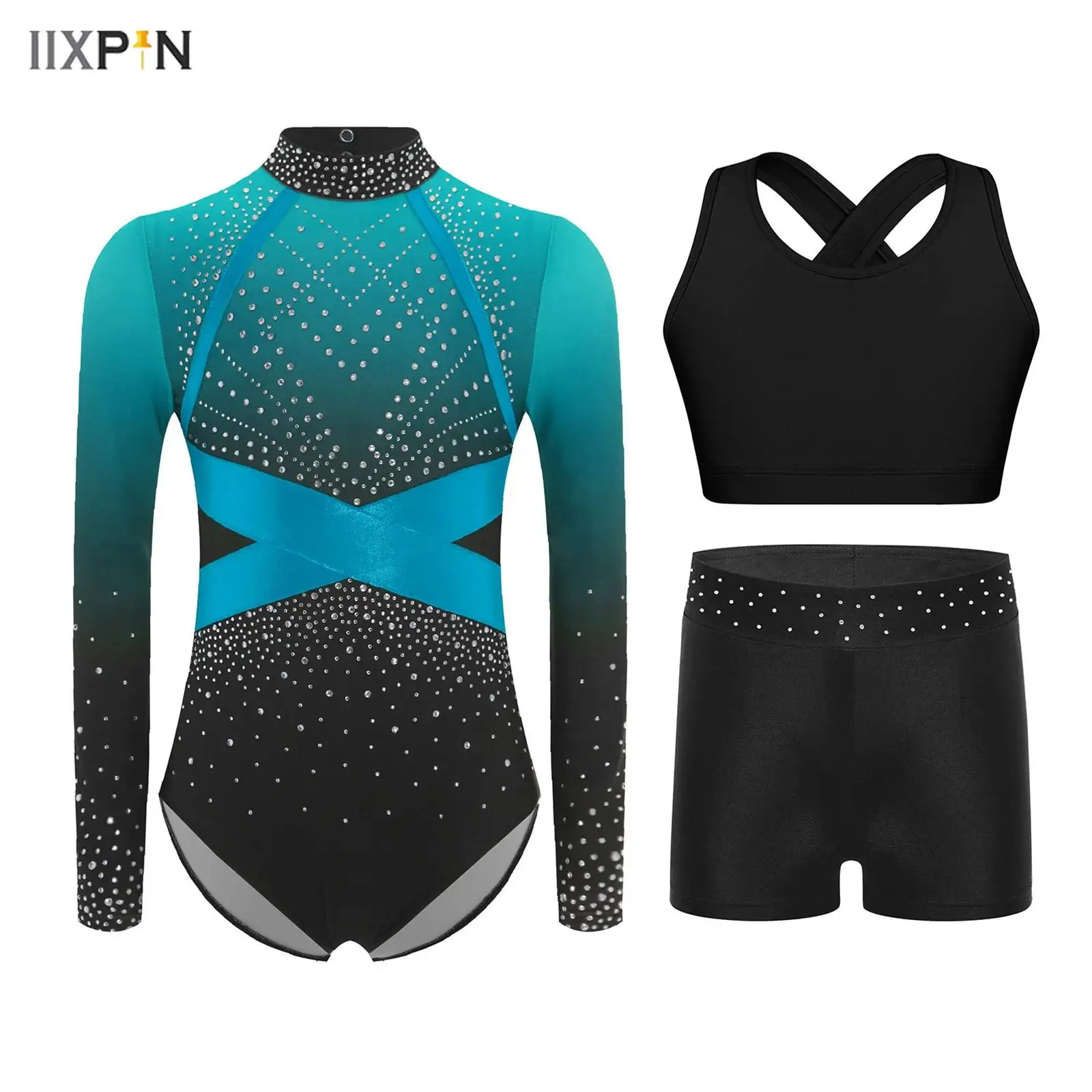 

Kids Girls Gymnastics Dance Figure Skating Outfit Long Sleeve Sparkling Rhinestones Color Block Leotard with Vest and Shorts Set