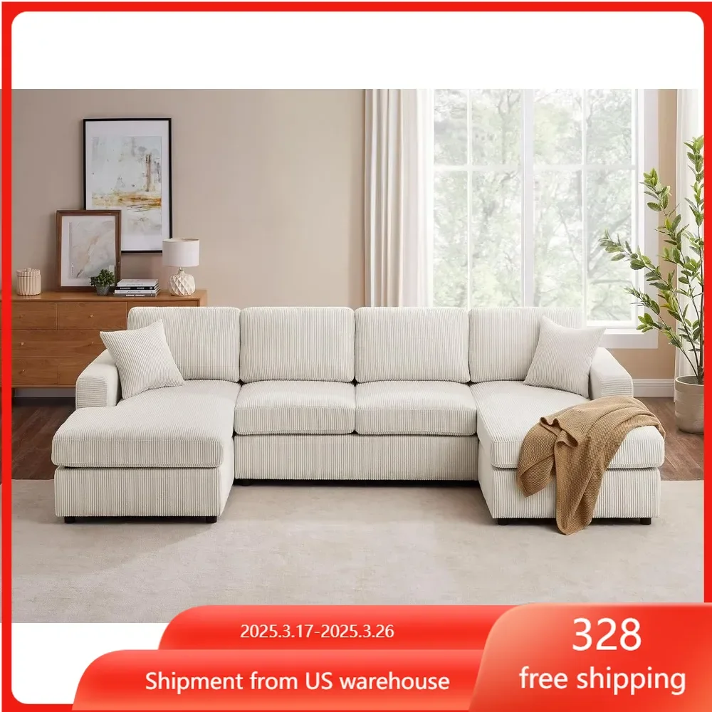 118'' U Shaped Sectional Sofa Couch, Corduroy Fabric Modern Cozy Jumbo Size 4-Seater Living Room Couch, Double Chaise Longue