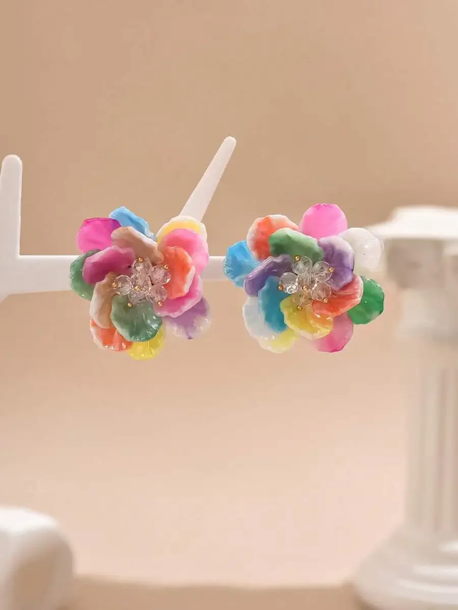 

Acrylic Floral Stud Earrings For Women Multicolor Petal Design