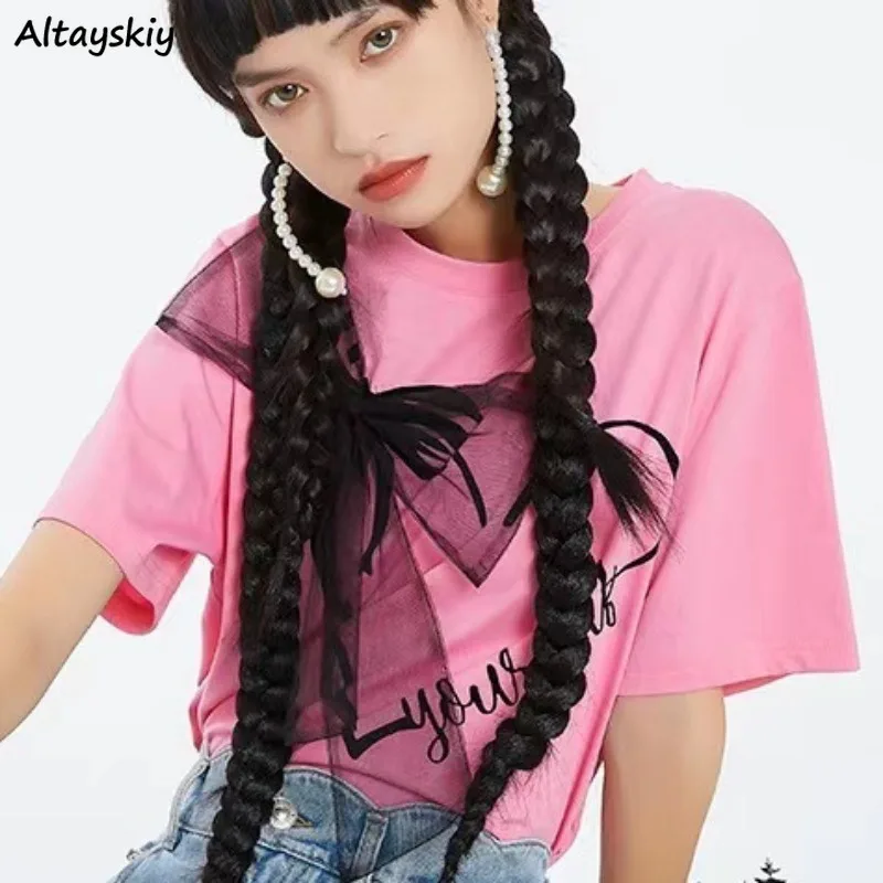 

Свободные футболки для женщин, универсальные корейские стильные футболки с бантом, летние милые женские шикарные футболки с круглым вырезом и коротким рукавом, модные нишевые повседневные футболки, новинка